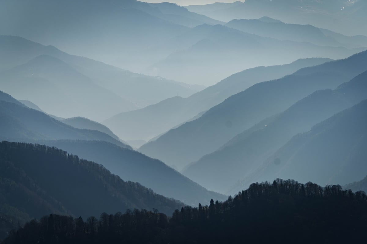 Layered mountain ridges of the Great Smoky Mountains in morning mist, viewed from East Tennessee