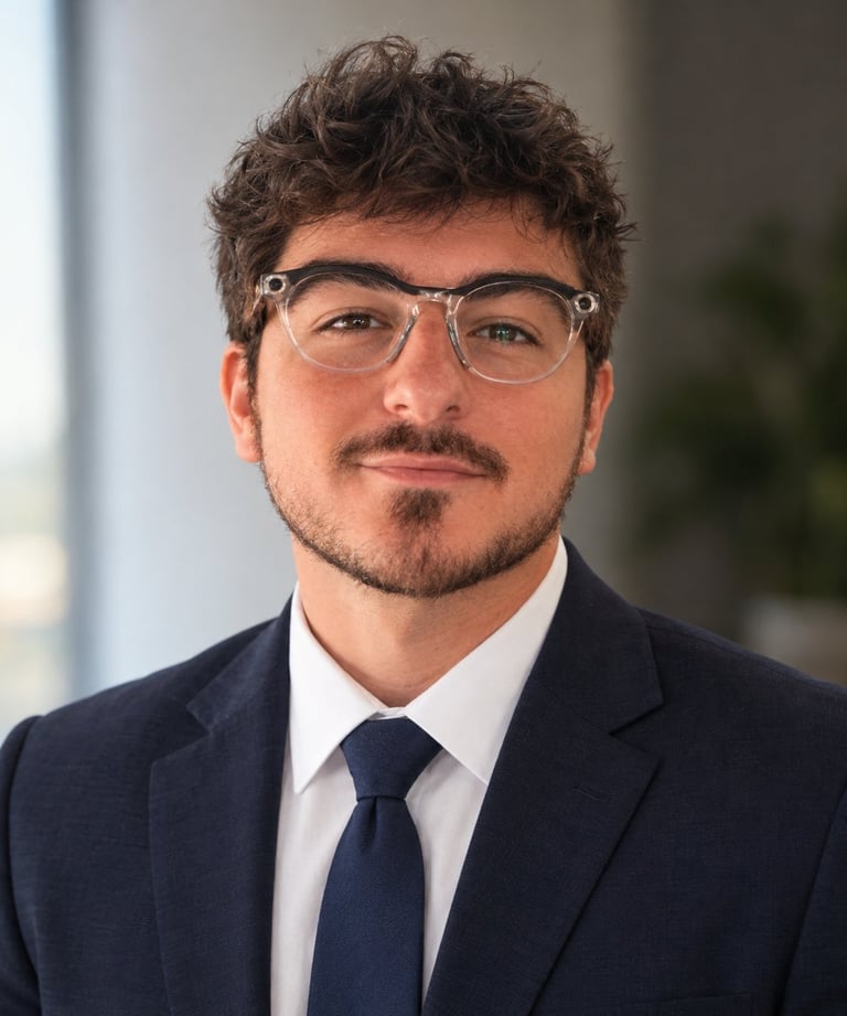 Portrait of a man with glasses and facial hair wearing a dark blazer, white shirt, and dark tie against a blurred background