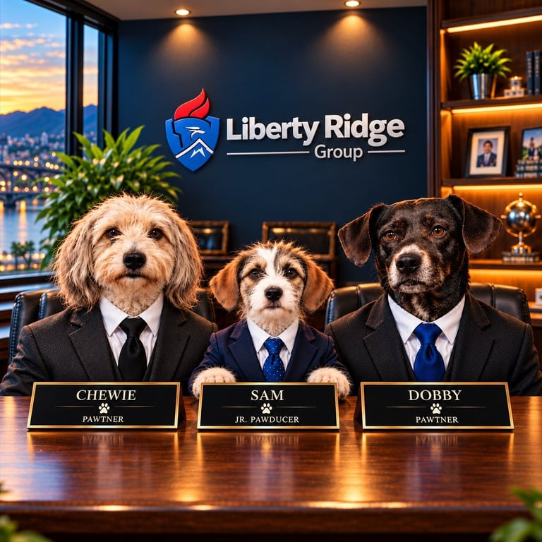 Three dogs in business suits seated at a conference table with nameplates, Liberty Ridge Group logo on wall behind them